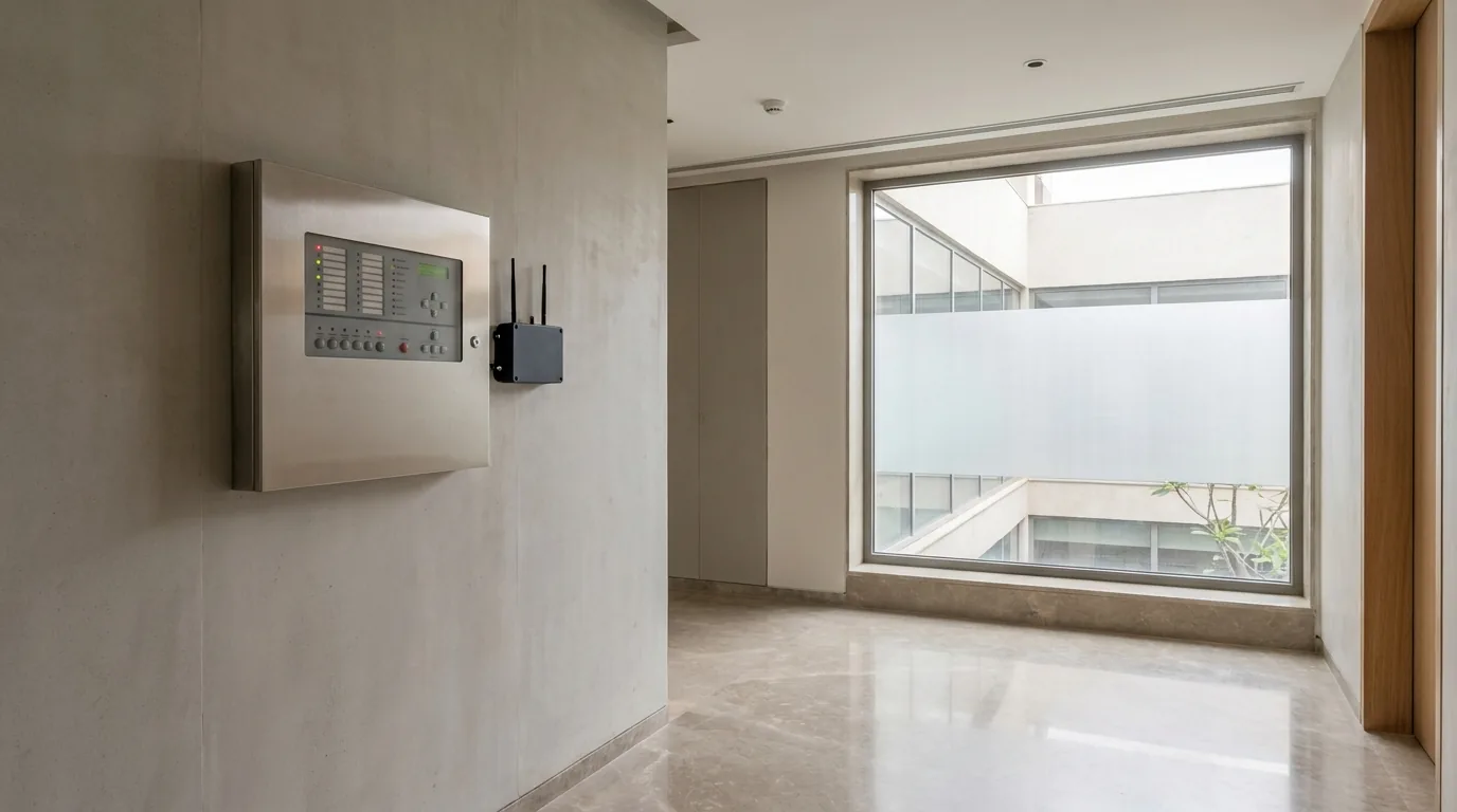 A fire alarm control panel and an IoT monitoring device on the wall of a modern Indian building — an ACMS setup under the Delhi Fire Service rules