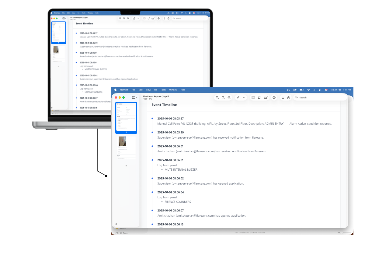 FlareSens Event Timeline — chronological audit trail with 3-year data retention for compliance and insurance