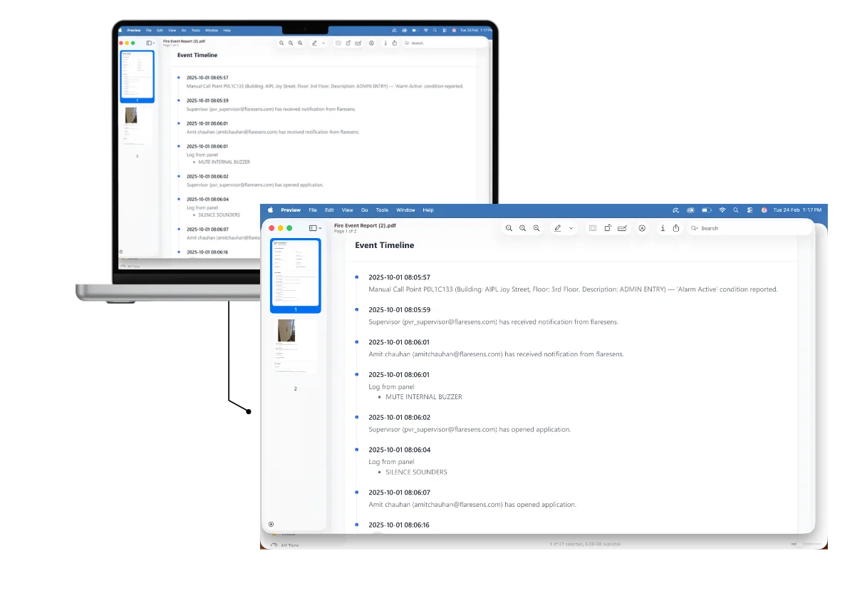 FlareSens Event Timeline — chronological audit trail with 3-year data retention for compliance and insurance