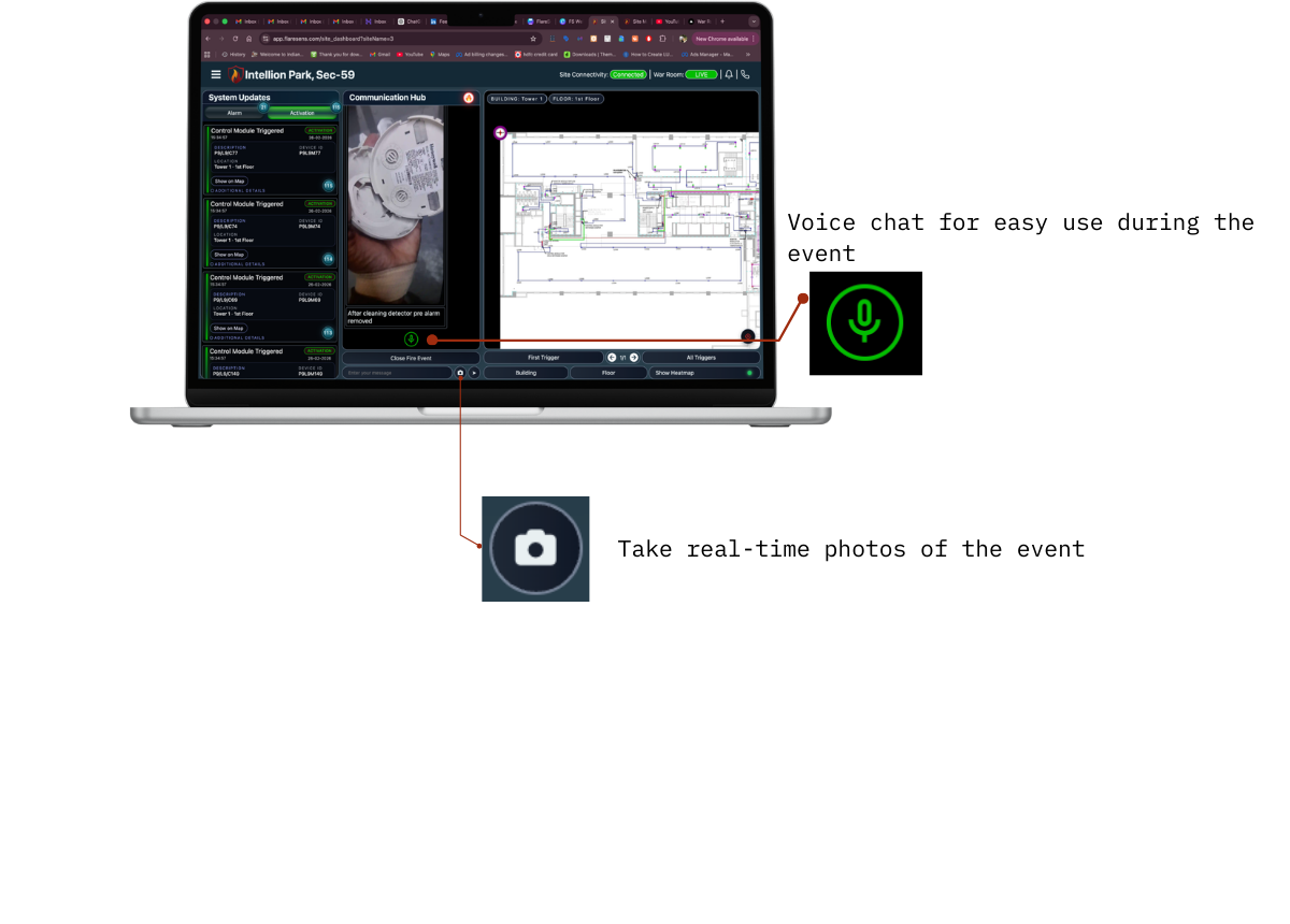 FlareSens War Room on MacBook — Communication Hub with voice chat for real-time event coordination and camera for capturing live photos during incidents