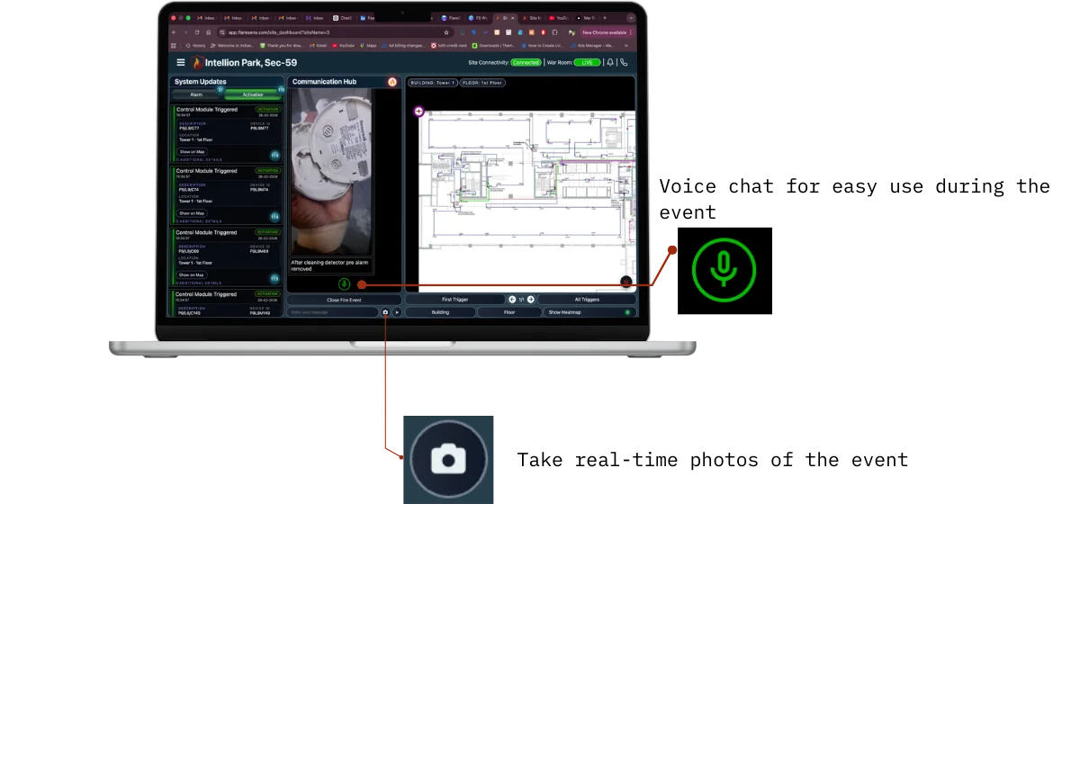 FlareSens War Room on MacBook — Communication Hub with voice chat for real-time event coordination and camera for capturing live photos during incidents