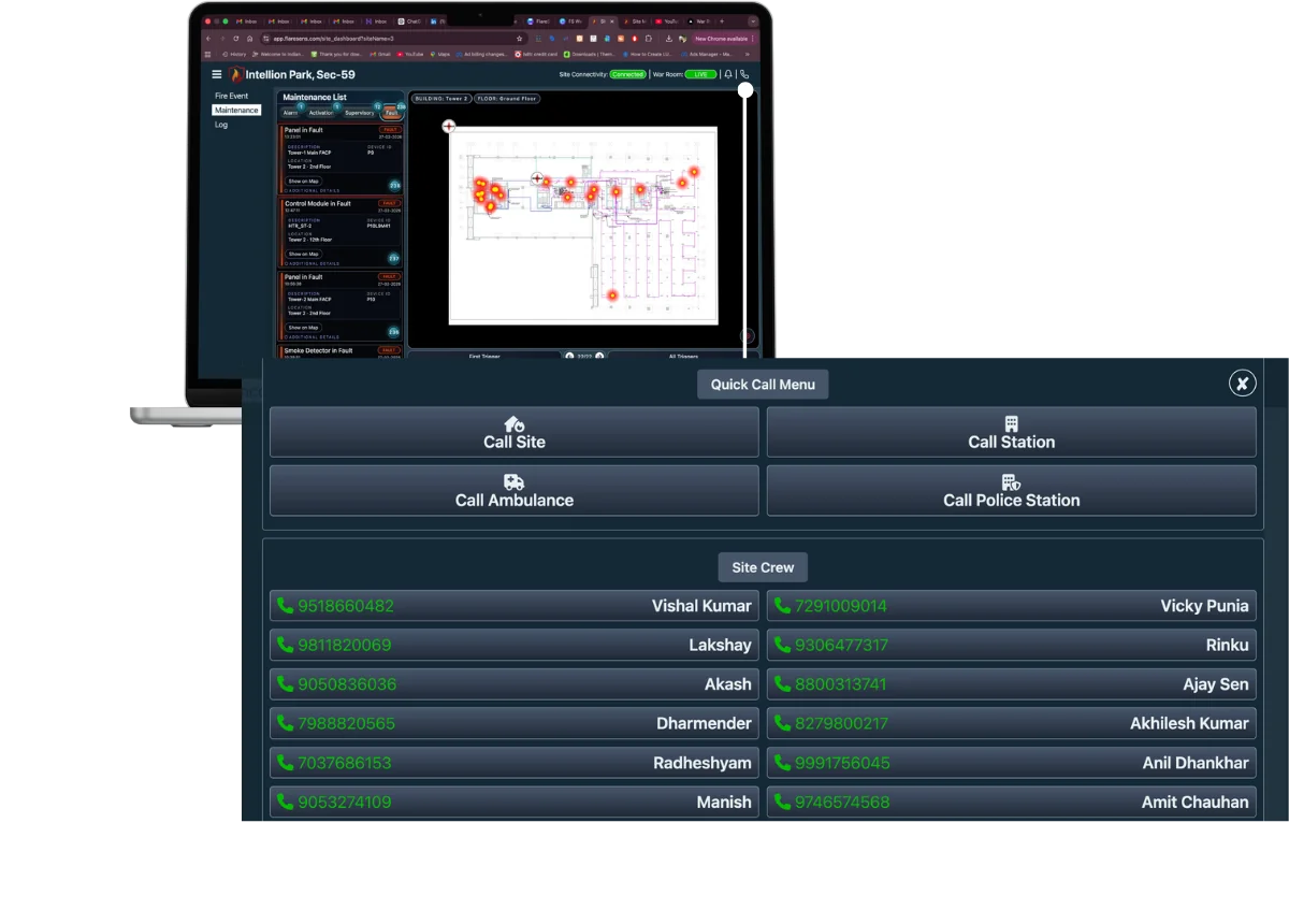 FlareSens War Room on MacBook — Quick Call Menu with Call Site, Call Station, Call Ambulance, Call Police Station options and full Site Crew contact list for one-click emergency response
