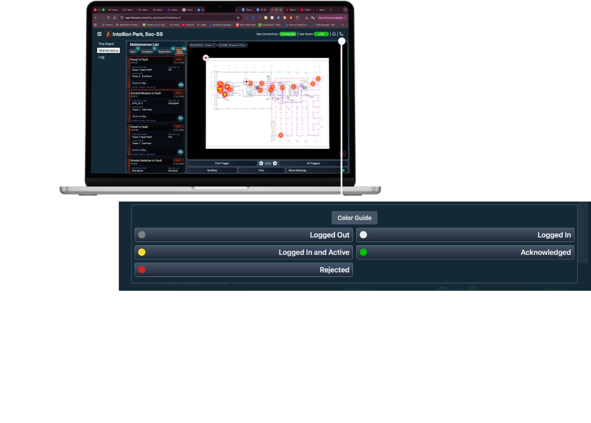 FlareSens War Room on MacBook with Color Guide showing crew status indicators — Logged Out, Logged In, Logged In and Active, Acknowledged, and Rejected for real-time team accountability