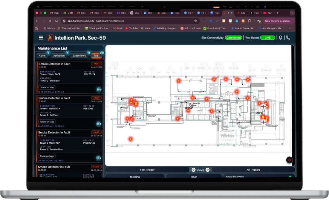 FlareSens device-level diagnostics — maintenance list with floor map showing device locations