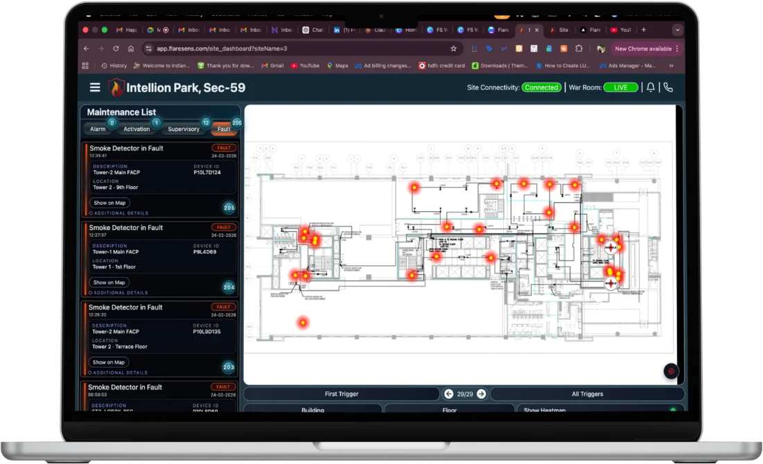 FlareSens device-level diagnostics — maintenance list with floor map showing device locations