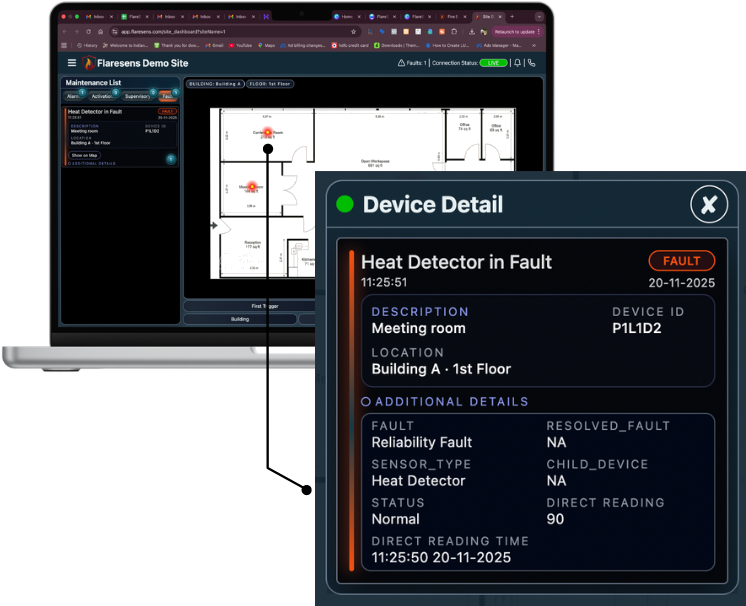 FlareSens fault detection — device detail, floor map, and fault tracking on MacBook