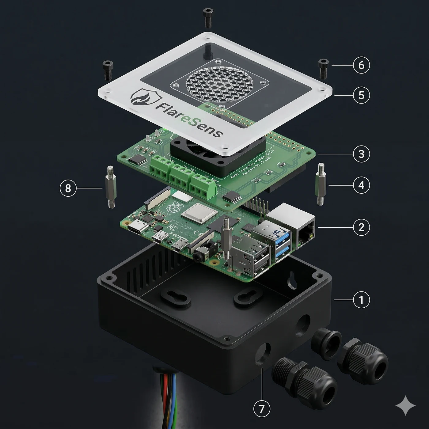Exploded view of the FlareSens field device — enclosure, compute board, sensor board, sensor cap and cable glands
