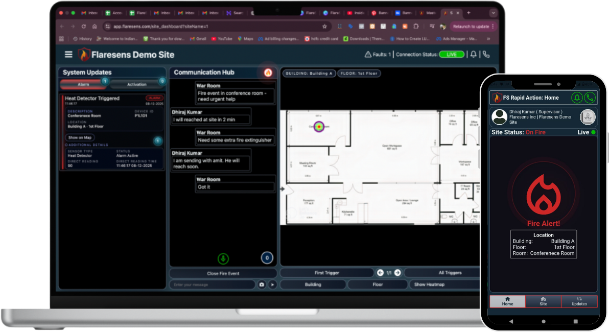 FlareSens War Room on MacBook and Rapid Action Suite on iPhone — real-time fire alarm monitoring