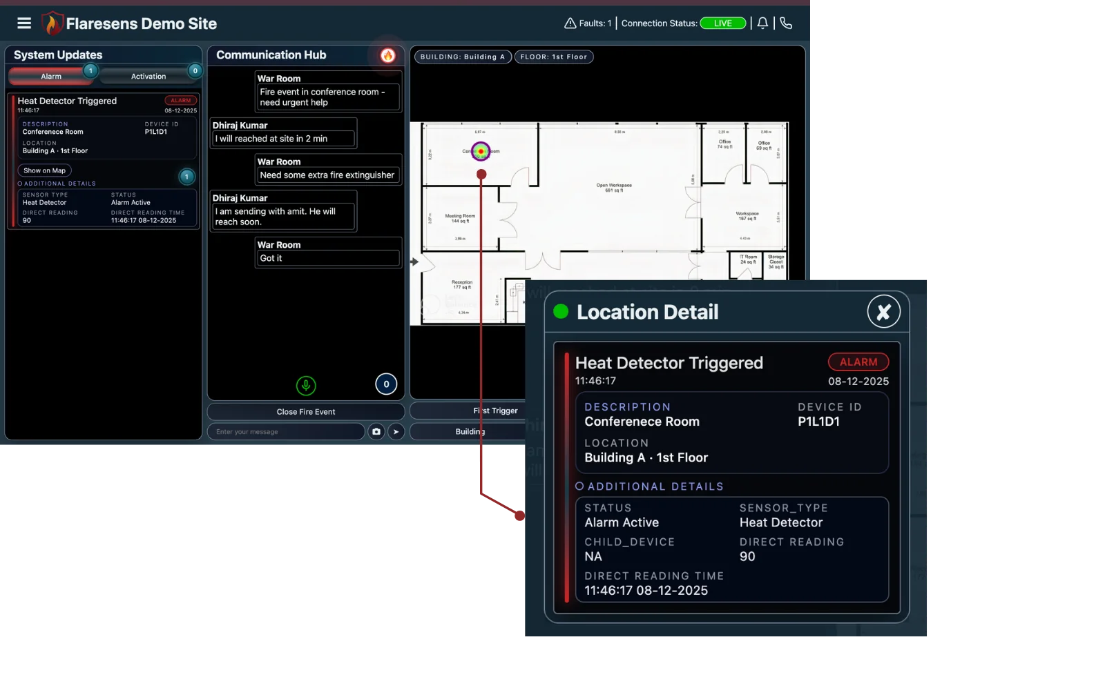 FlareSens War Room showing real-time fire alert with floor map, Communication Hub, and Rapid Action Suite mobile alert
