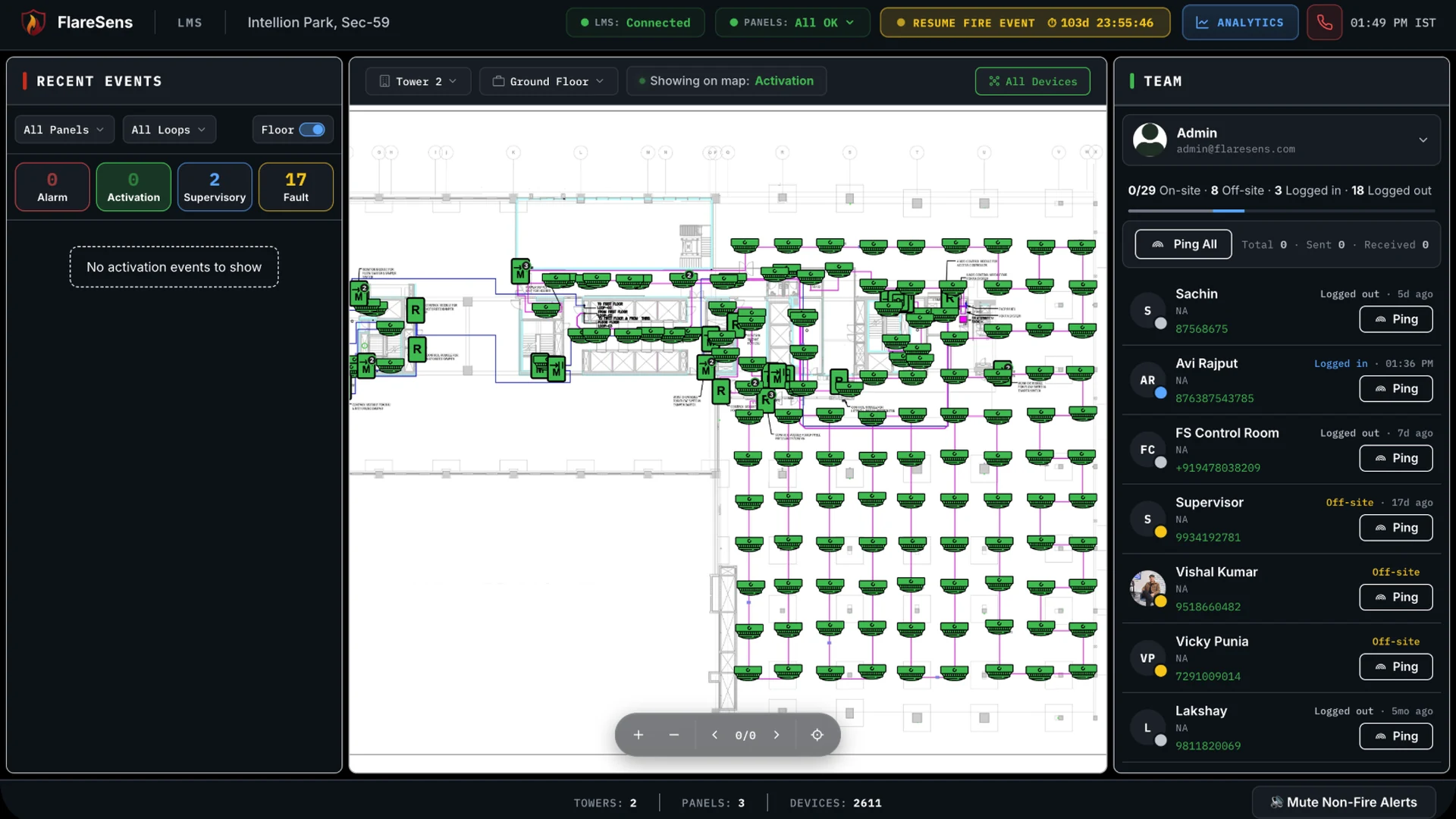 FlareSens Live Monitoring Station floor map — every detector placed on the building floor plan with live device status across the site