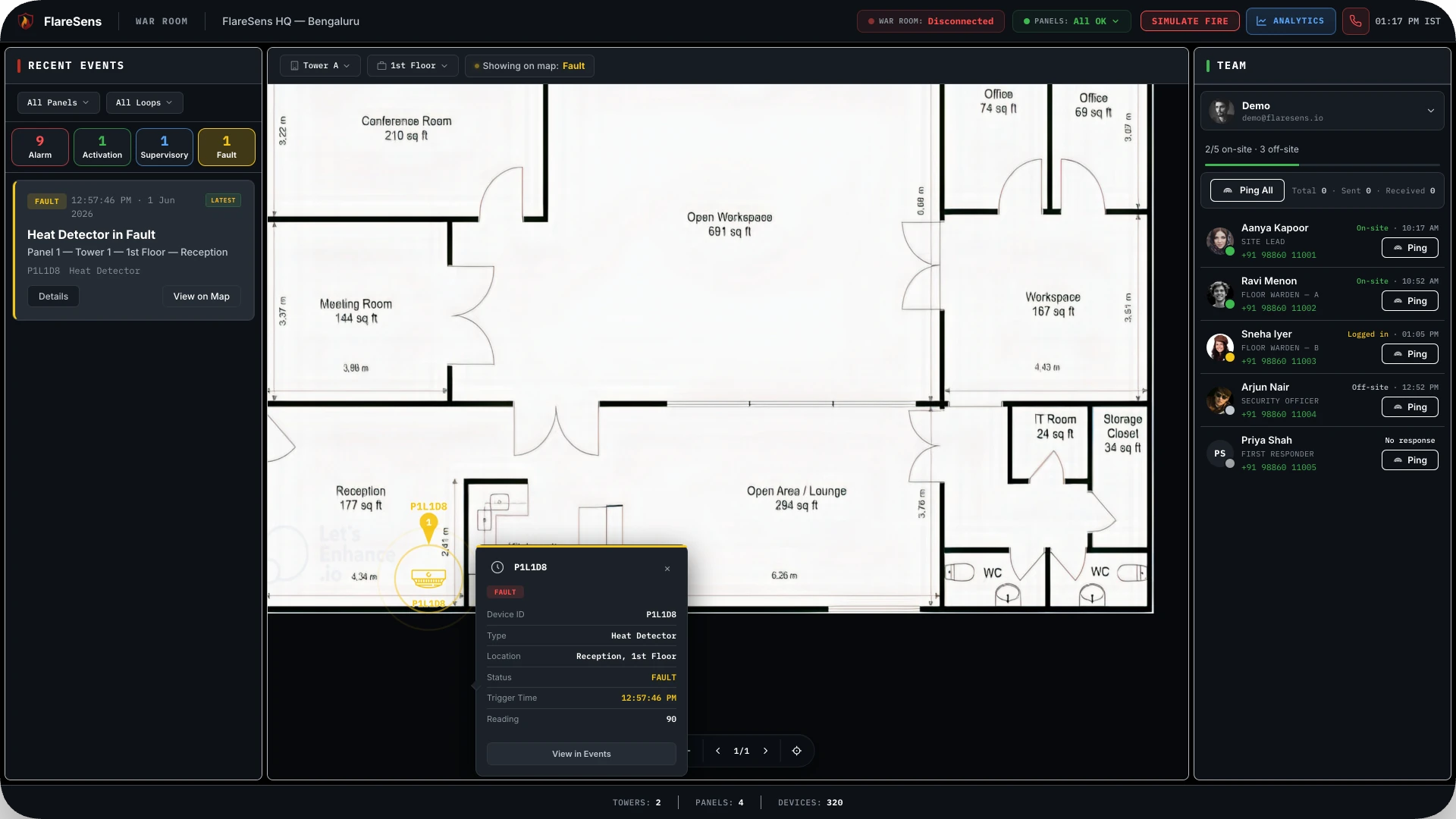 FlareSens Live Monitoring Station event feed — real-time alarms, faults, supervisory signals, and activations with loop and panel filters