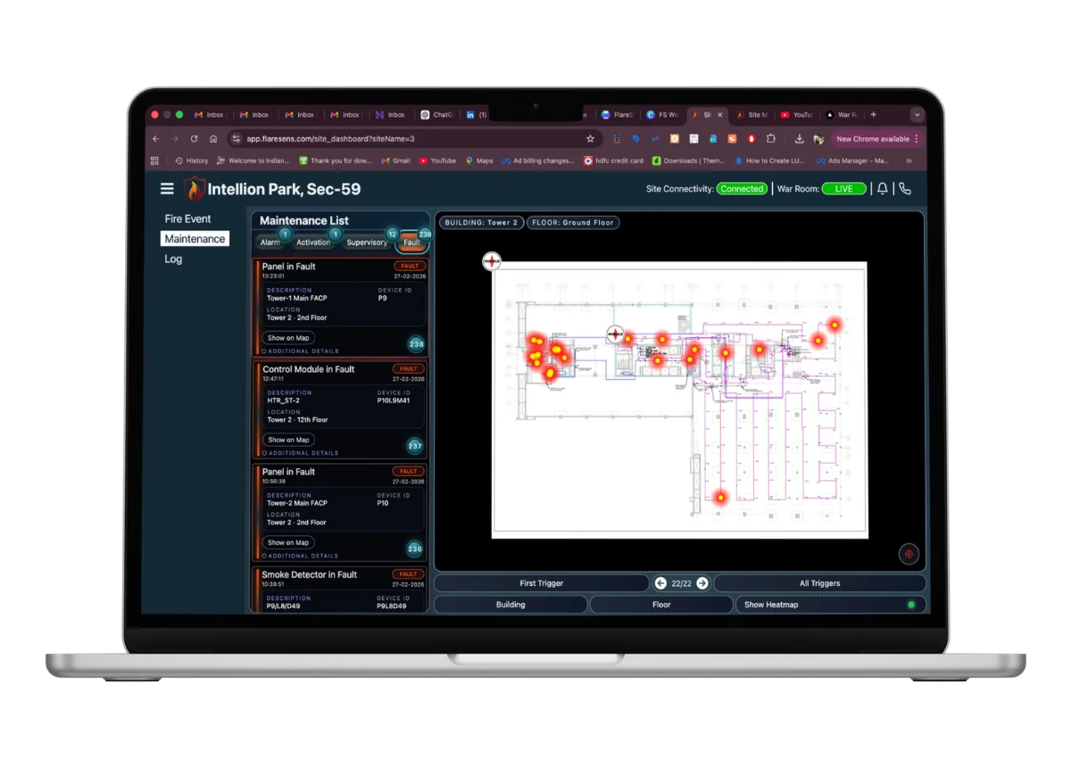 FlareSens War Room Maintenance Window on MacBook — showing Maintenance List with Panel in Fault, Control Module in Fault entries, floor map with heatmap overlay, and real-time fault tracking at Intellion Park
