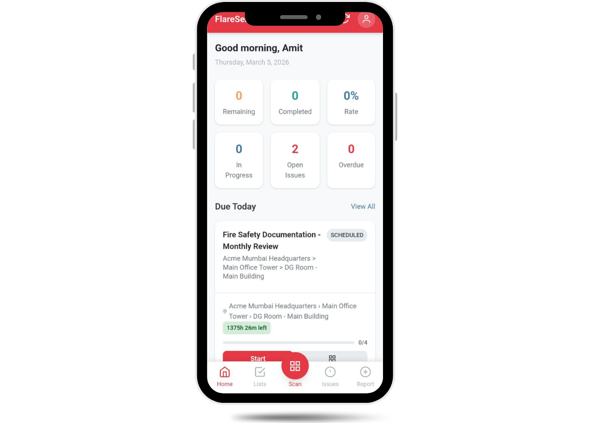 FlareSens Inspector mobile app — daily dashboard with checklist stats, due items, and navigation