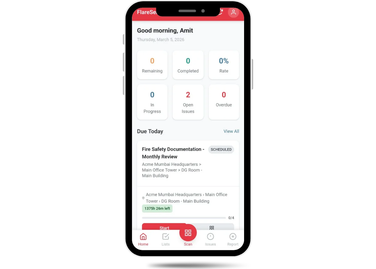 FlareSens Inspector mobile app — daily dashboard with checklist stats, due items, and navigation