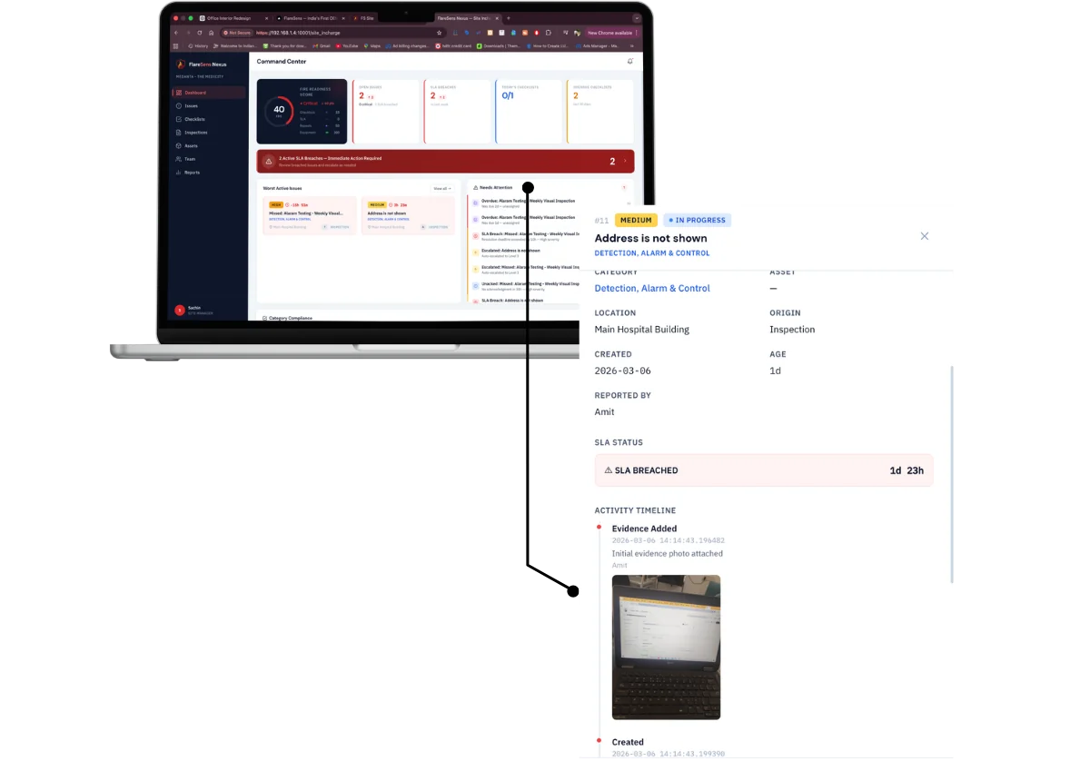 FlareSens Nexus — SLA enforcement with issue detail, SLA breached status, activity timeline, and photo evidence