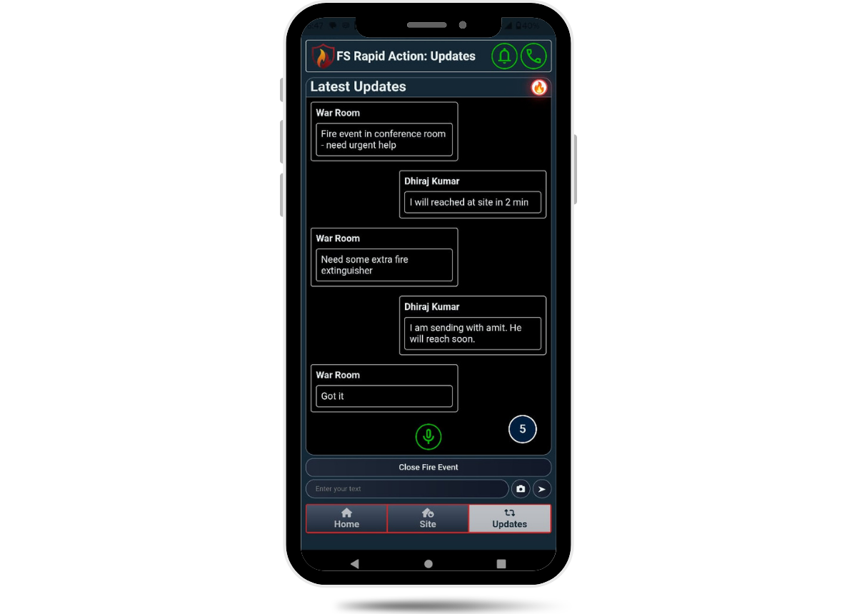 FlareSens Rapid Action Suite Updates screen on phone — live chat between War Room and field crew with voice messaging, photo capture, and Close Fire Event button