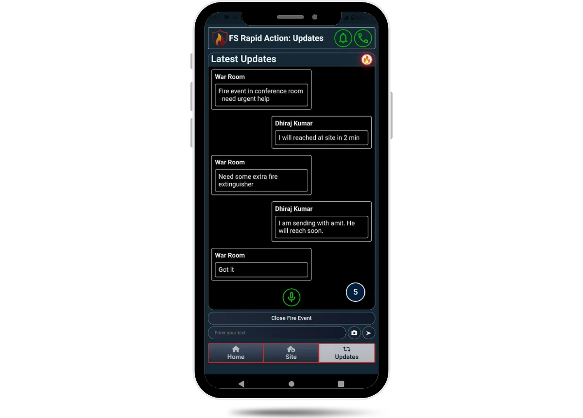 FlareSens Rapid Action Suite Updates screen on phone — live chat between War Room and field crew with voice messaging, photo capture, and Close Fire Event button