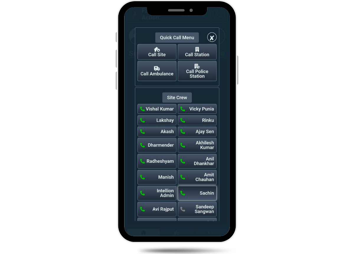 FlareSens Rapid Action Suite Crew Call on phone — Quick Call Menu with Call Site, Call Station, Call Ambulance, Call Police Station and full Site Crew contact list