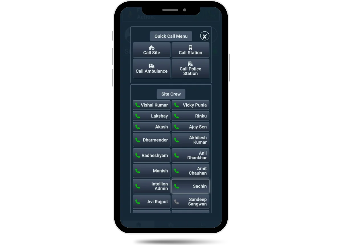 FlareSens Rapid Action Suite Crew Call on phone — Quick Call Menu with Call Site, Call Station, Call Ambulance, Call Police Station and full Site Crew contact list