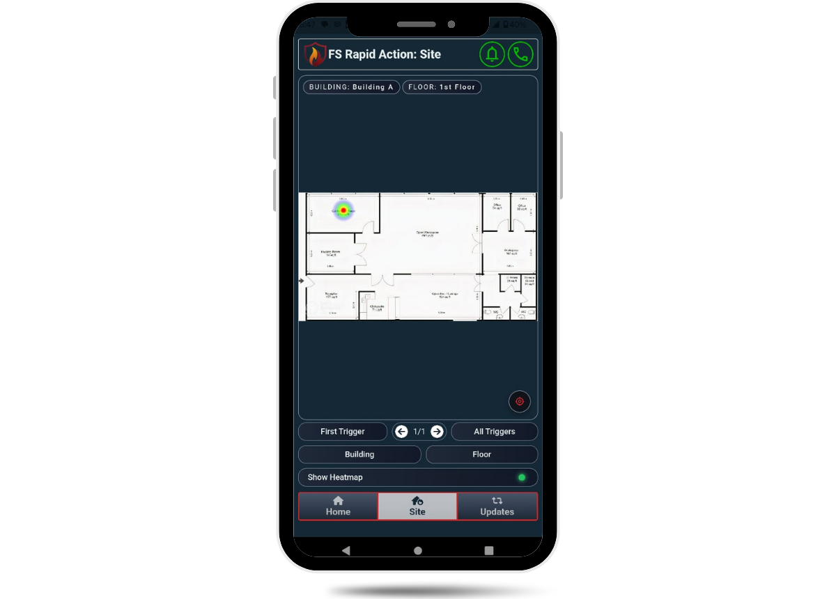 FlareSens Rapid Action Suite Site view on phone — floor map showing Building A, 1st Floor with heatmap trigger location, building and floor selectors