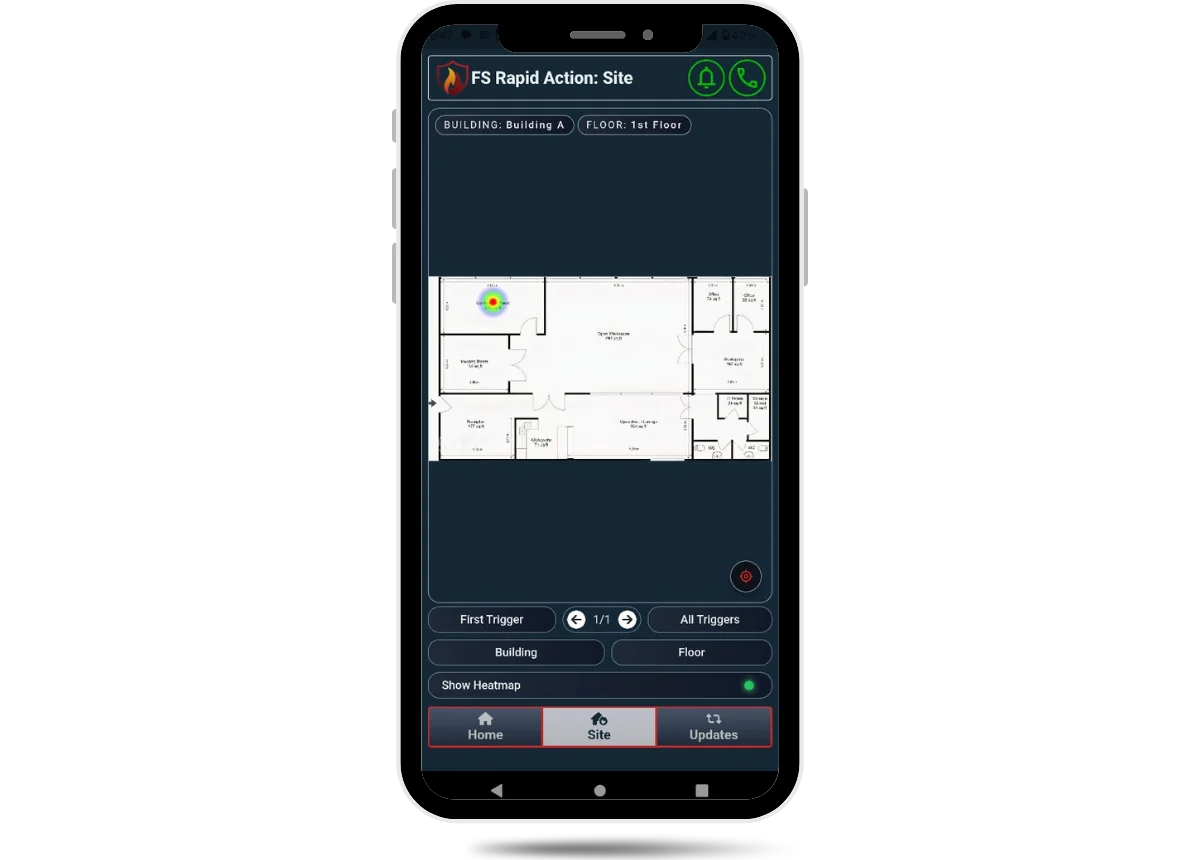 FlareSens Rapid Action Suite Site view on phone — floor map showing Building A, 1st Floor with heatmap trigger location, building and floor selectors