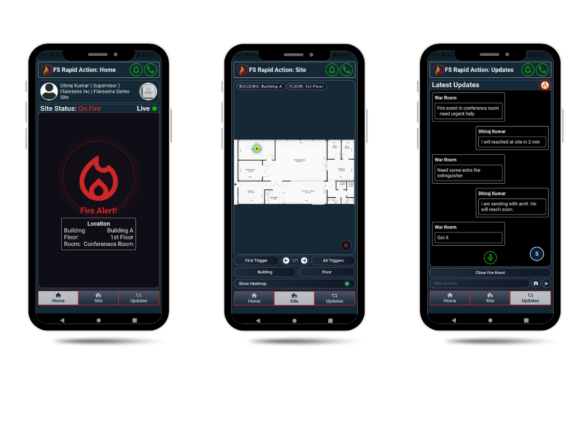 FlareSens Rapid Action Suite — three mobile screens showing Fire Alert with location details, Site floor map with heatmap, and Updates communication feed between War Room and field crew