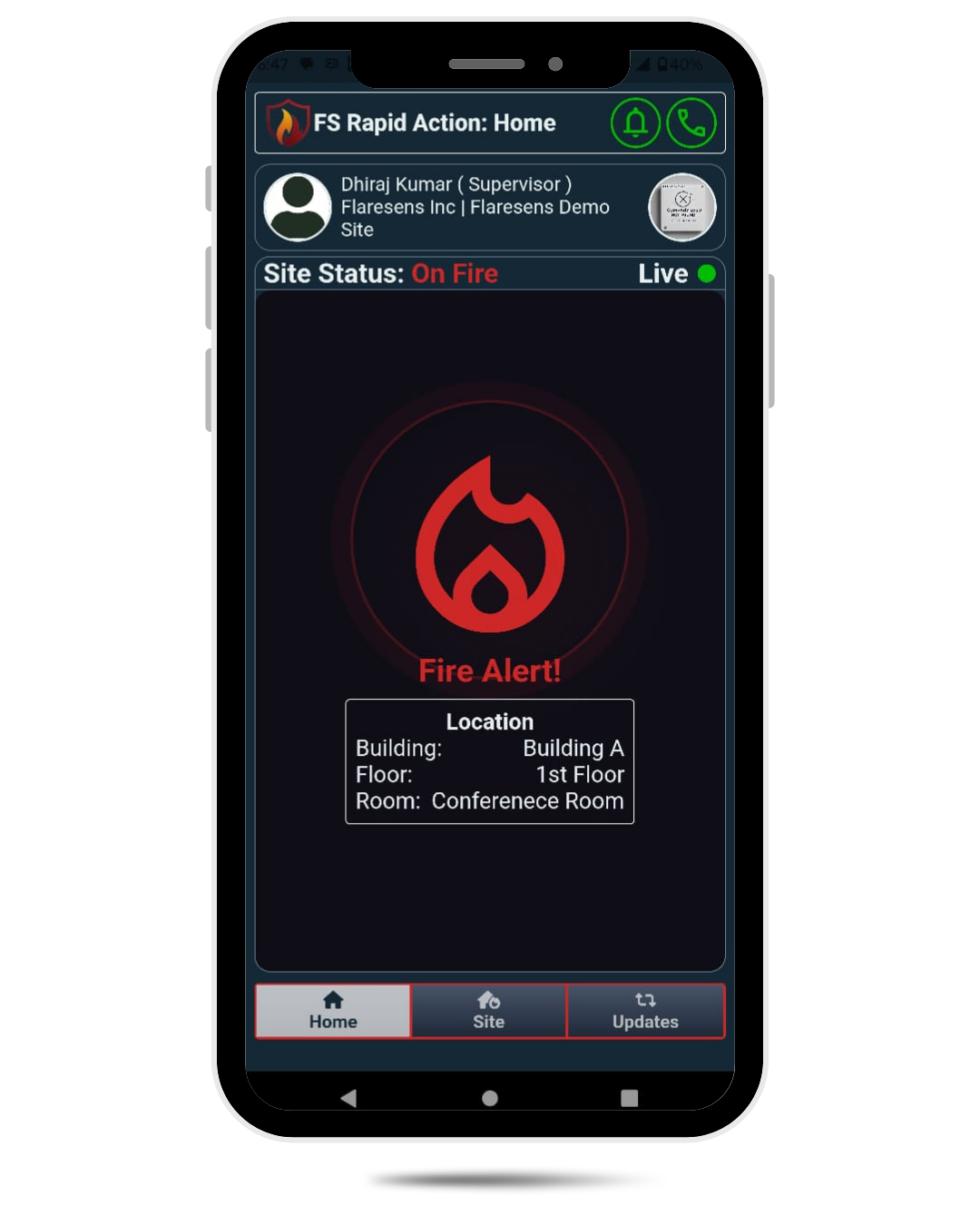 FlareSens Rapid Action Suite — full-screen pulsating fire alert with loud hooter siren on mobile