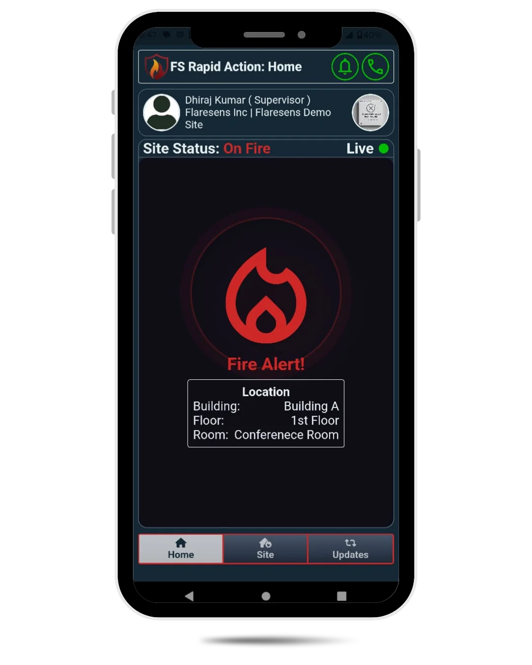 FlareSens Rapid Action Suite — full-screen pulsating fire alert with loud hooter siren on mobile