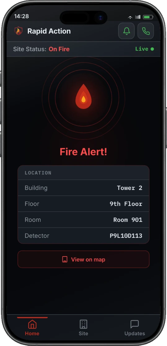 FlareSens RAS Responder view on a phone — a fire event with the comm hub to call any teammate