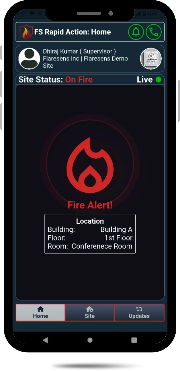 FlareSens Rapid Action Suite — mobile fire alert showing Fire Alert with location details