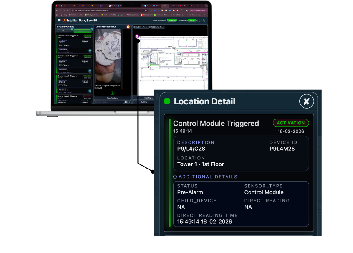 FlareSens War Room on MacBook showing Control Module Triggered activation with Location Detail popup — device ID P9L4M28, Tower 1 1st Floor, sensor type Control Module with real-time status
