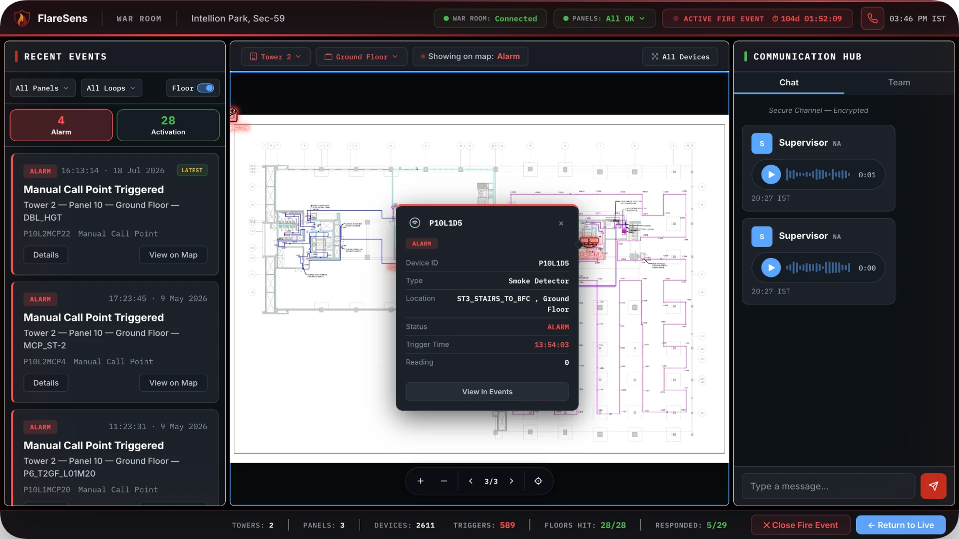 FlareSens War Room floor map showing the fire spread pattern across a building with the exact location of triggered detectors